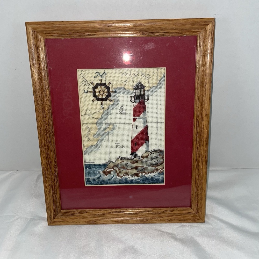 Framed Lighthouse Cross Stitch Needlepoint Nautical Coastal Wall Art Oak Frame